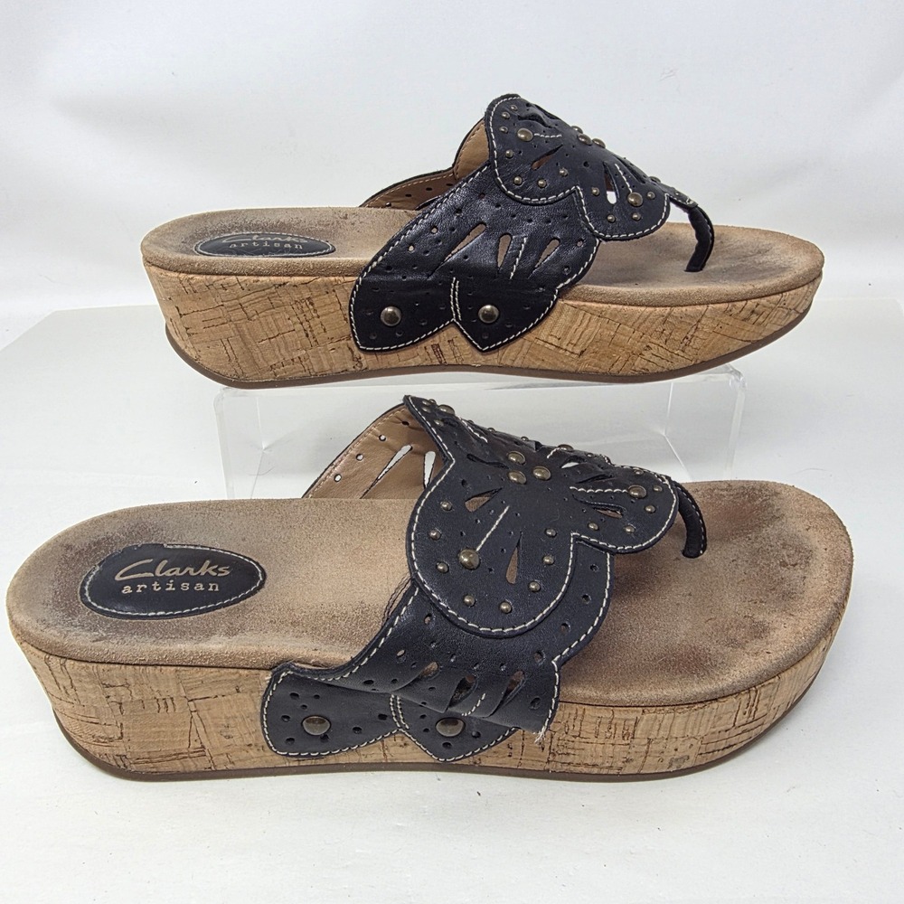 Clarks Artisan Wedge Sandals Women 9 Black Leather Cork Platform Flip Flop 18289